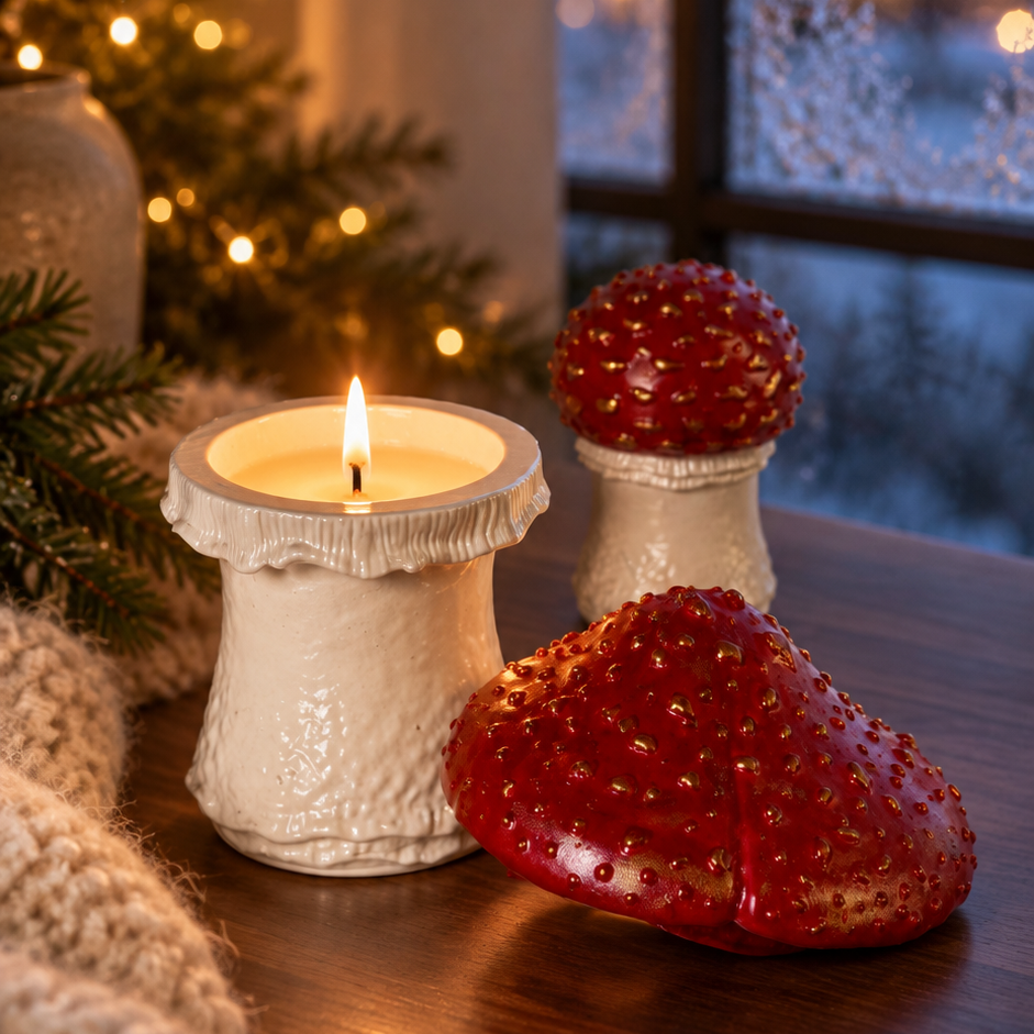 A cozy holiday scene with a lit white candle in a textured holder and two red strawberry-shaped candle holders on a wooden table near a window and Christmas tree.