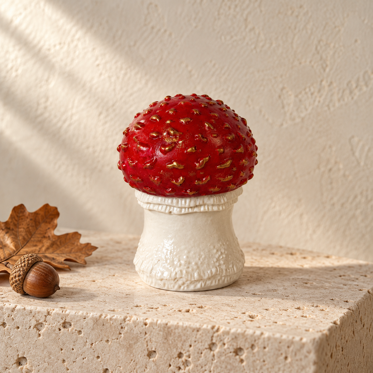 A decorative mushroom-shaped object with a glossy red cap and a textured off-white base, styled on a stone surface with a dried leaf and acorn against a warm beige wall.