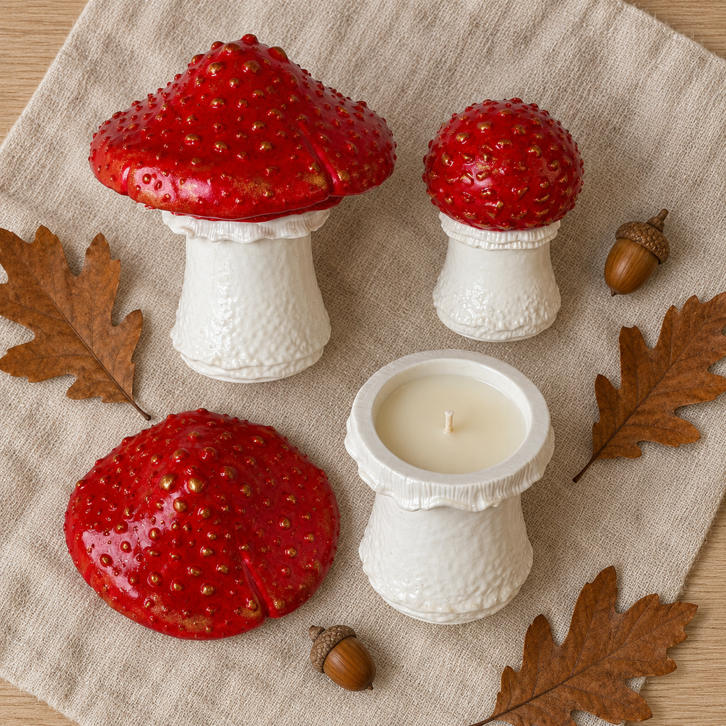 Three red-and-white mushroom-shaped candle holders arranged on a beige linen cloth with brown oak leaves and acorns. One holder is open and reveals a white candle inside, while the other two are closed.