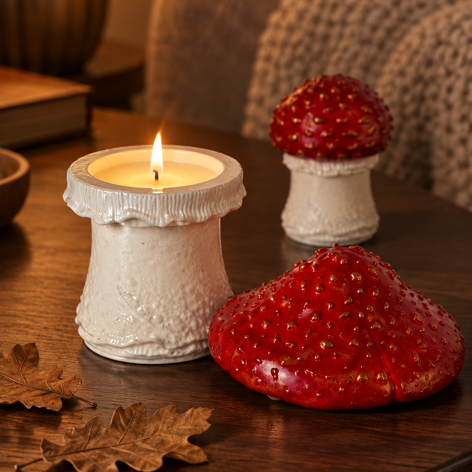 A cozy tabletop scene with a lit white candle in a textured holder, a small matching white holder with a red strawberry-shaped top, and a larger red strawberry-shaped decorative piece on a dark wooden table in a warmly lit living room.