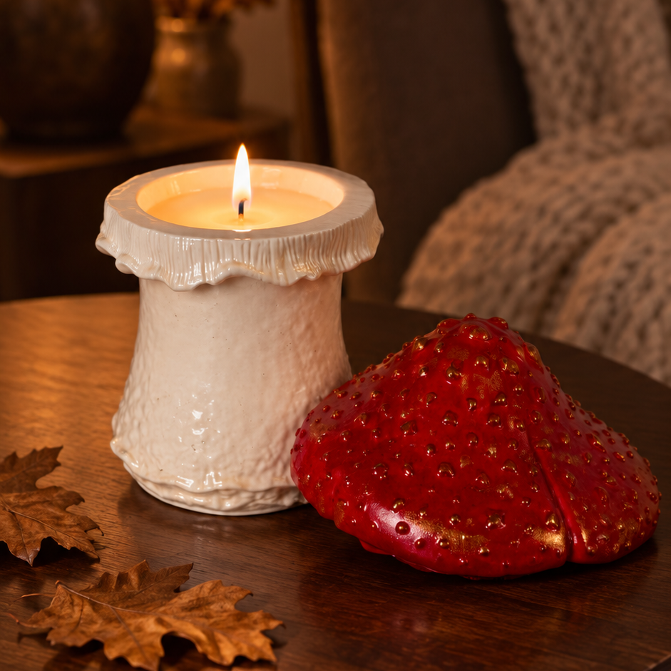 A lit white candle in a textured ceramic holder sits on a dark wooden table next to a red strawberry-shaped decorative object, with a cozy living room background and warm ambient lighting.