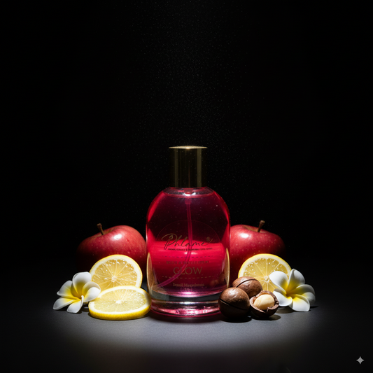 Pink room spray with gold cap surrounded by red apples, lemon slices, and flowers on a dark background