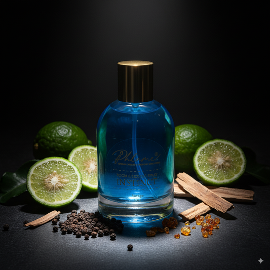 Blue room spray bottle with gold cap on a dark surface with limes and cinnamon sticks