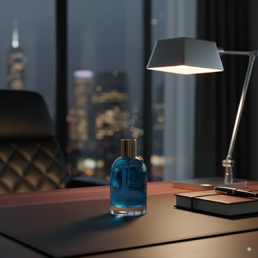 Phlame Instinct spray with citrus and woody notes, artisan home scent.