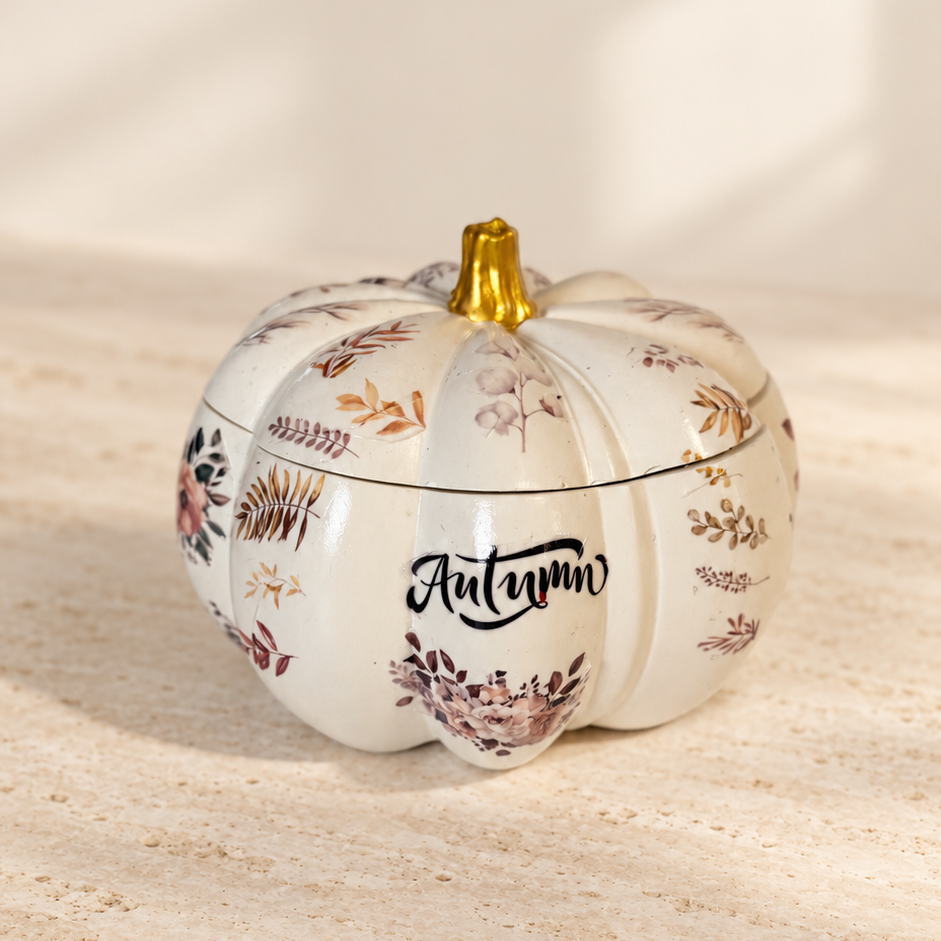 A decorative ceramic pumpkin-shaped candle jar with a lid, featuring a white base decorated with muted floral and botanical illustrations in brown, pink, and gold, with the word 'Autumn' written in black script. It has a small metallic gold stem on top, set on a textured beige stone surface with soft window shadow light.
