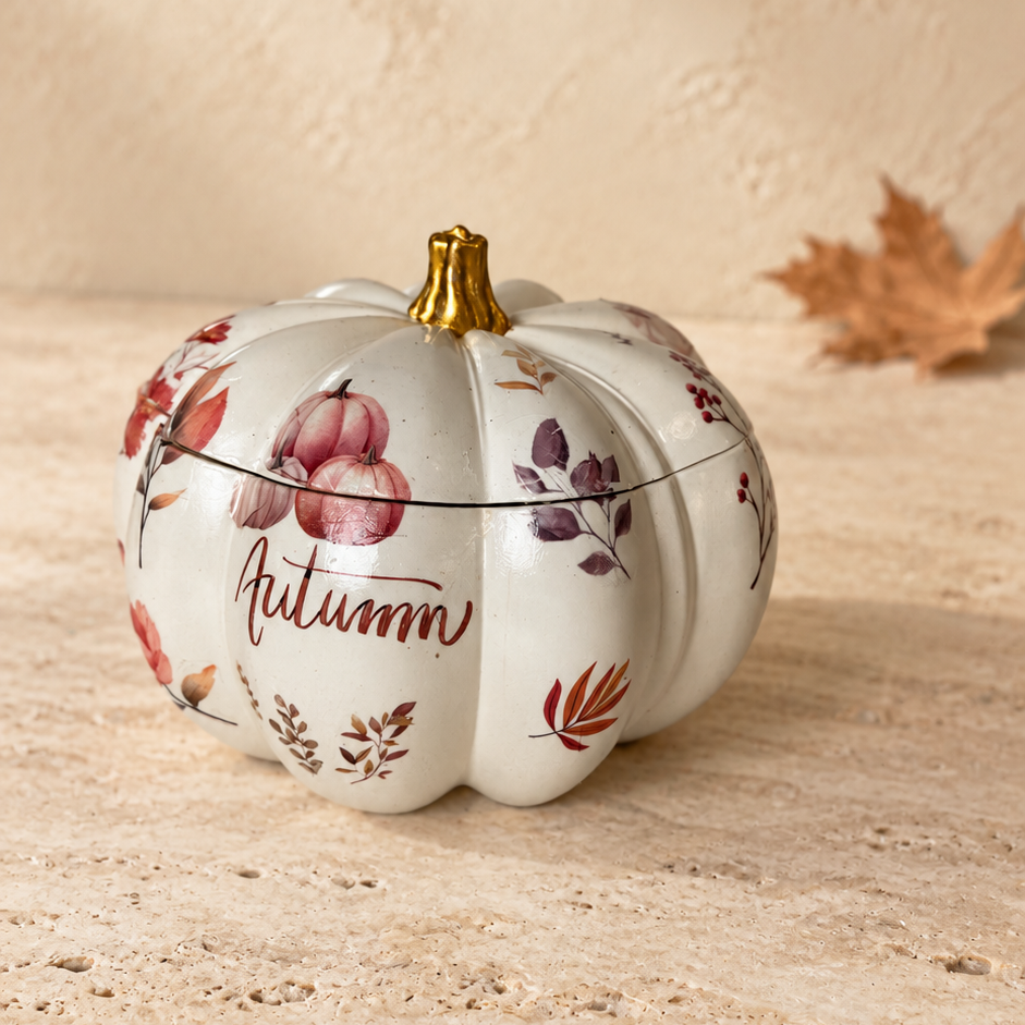 A decorative ceramic pumpkin-shaped candle jar with a lid, featuring an autumn floral pattern, the word 'Autumn' in script, and a small gold top handle, set on a textured beige surface.