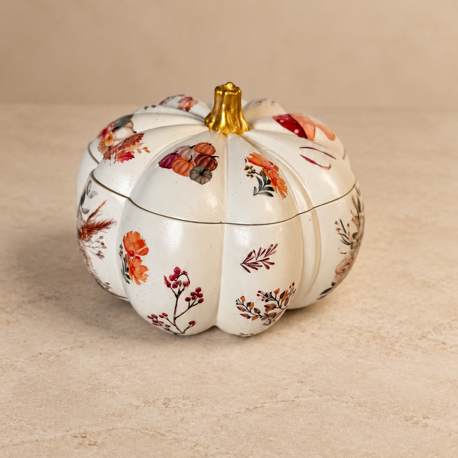 A decorative pumpkin-shaped candle jar with white base and an autumn floral pattern in orange, red, and brown, featuring a small metallic gold stem on a beige background.