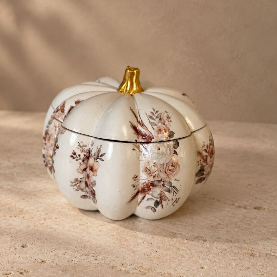 A decorative pumpkin-shaped lcandle jar with a cream glaze, hand-painted floral motifs in muted pink and brown, and a small gold stem, set on a textured beige stone surface against a matching beige background.