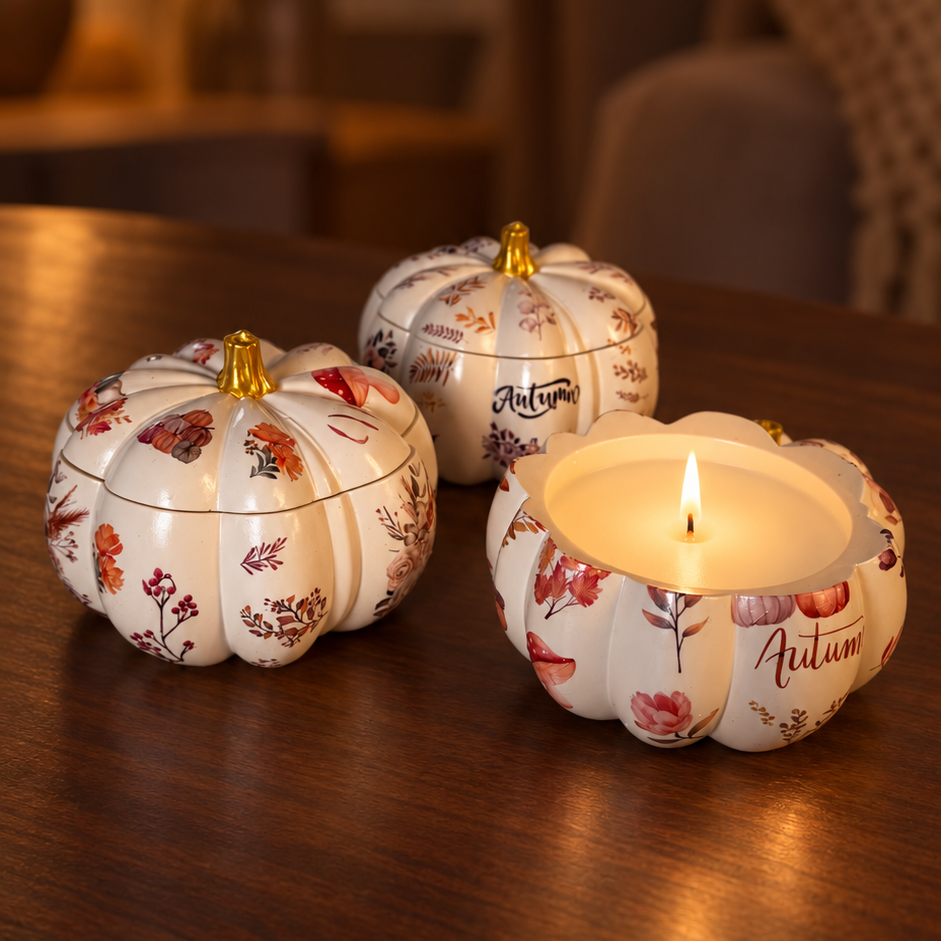 Three decorative ceramic pumpkins with a white base, red and orange autumn floral pattern, and gold-toned tops sit on a dark wooden table. One pumpkin is closed, and one is open with a lit tealight candle inside, with a softly blurred living room background.