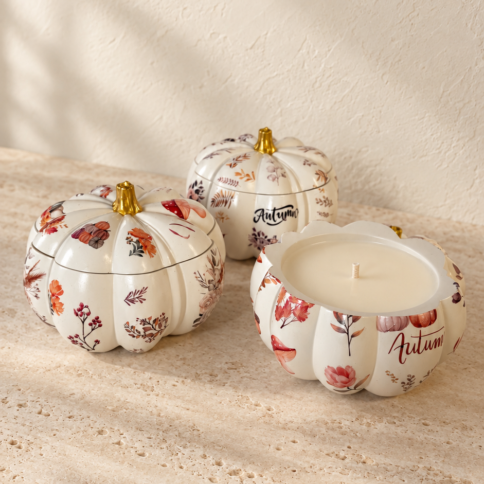 Three decorative pumpkin-shaped candle holders with a white base and red and orange floral print, arranged on a textured beige stone surface with warm sunlight and shadows.
