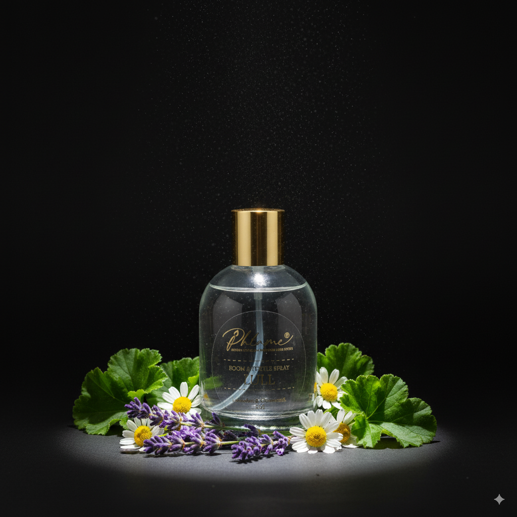 Clear bottle with gold cap on a black background with lavender and chamomile flowers around