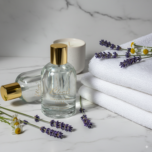 Lull Lavender & Chamomile room and textile spray in elegant black bottle with gold cap.