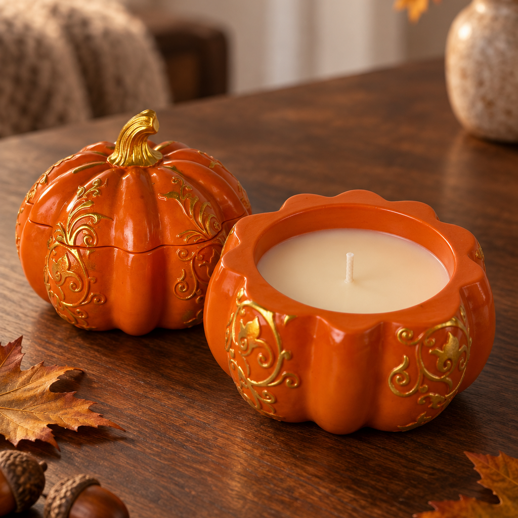 Two orange pumpkin-shaped candle holders on a wooden table, one closed with a lid and one open showing a cream candle inside, styled with autumn leaves and acorns.