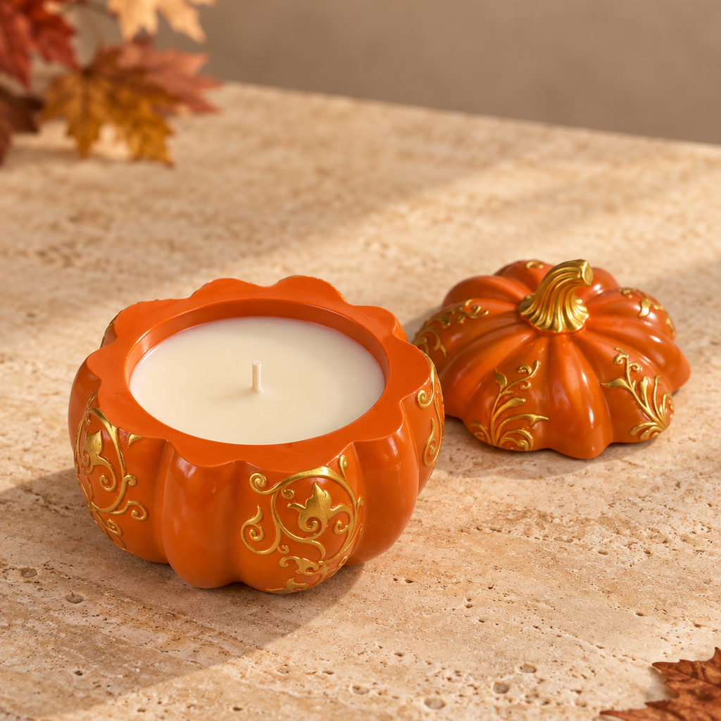 An orange pumpkin-shaped candle holder with gold scrollwork details, shown with a white candle inside and its matching lid placed beside it on a textured beige stone surface with autumn leaves.
