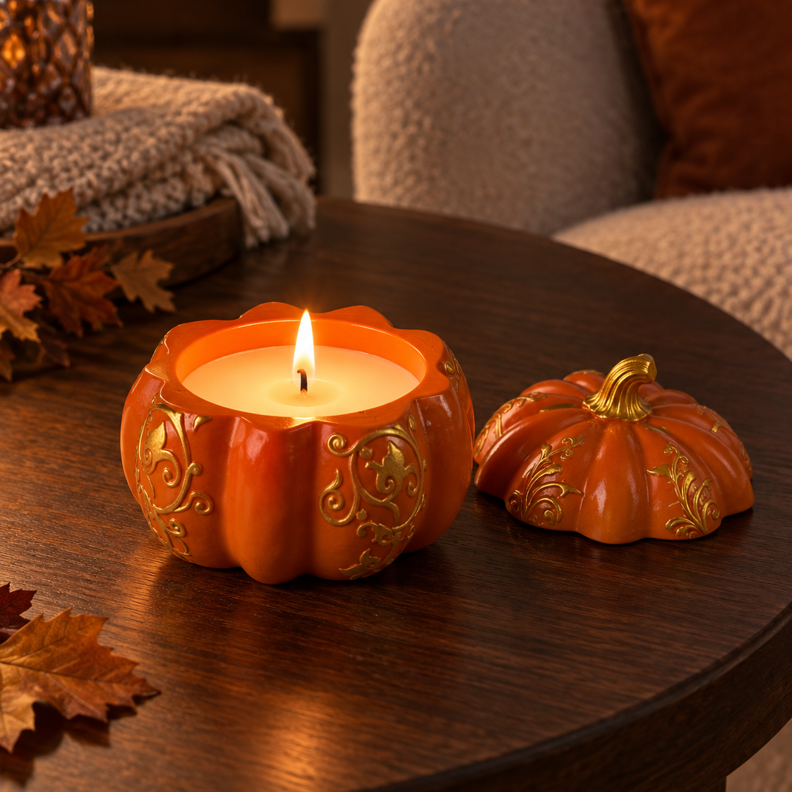 An orange pumpkin-shaped candle holder with a lit candle sits on a dark wooden table next to its matching lid, styled in a cozy autumn living room setting with a throw blanket and armchair in the background.
