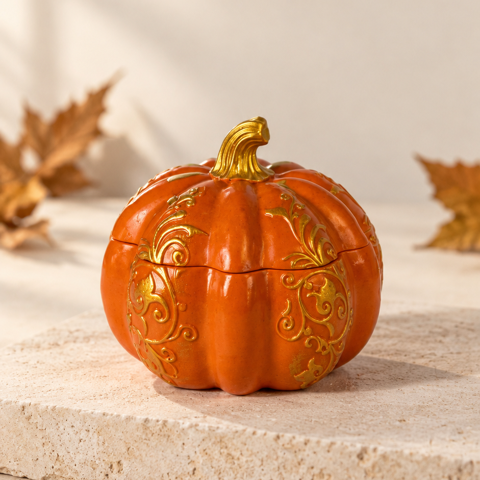 An orange pumpkin-shaped candle container with a lid, decorated with gold scrollwork patterns and a gold stem, sitting on a light beige stone surface with autumn leaves in the background.