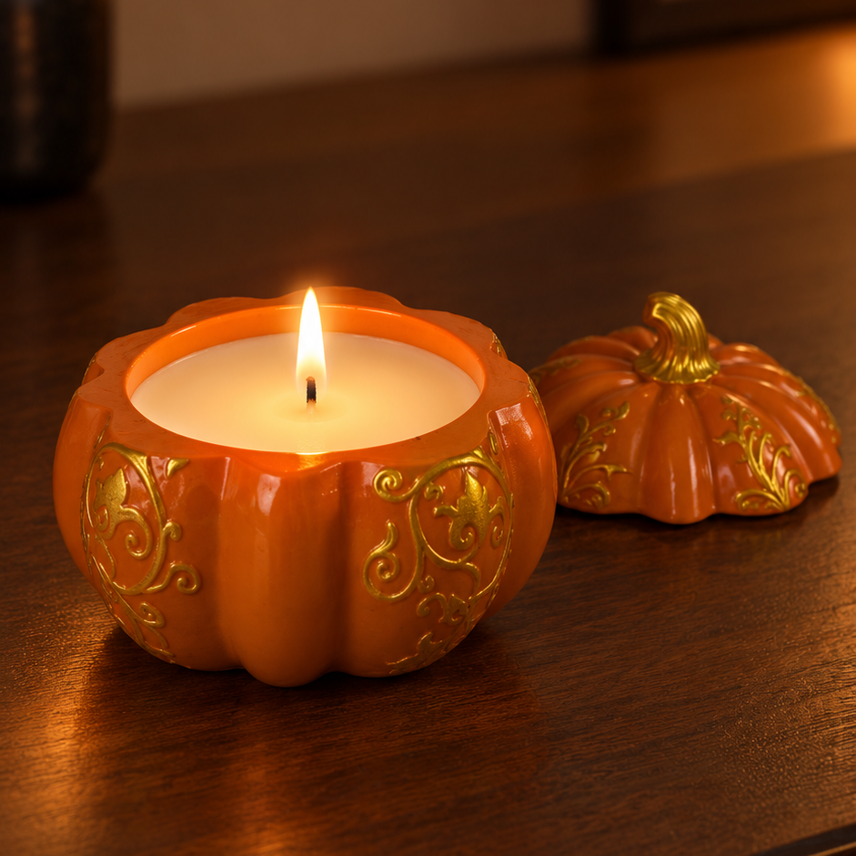 An orange pumpkin-shaped candle holder with gold scrollwork, lit with a warm flame, sits on a dark wooden table next to its matching lid. The background shows a softly blurred indoor setting with autumnal decor.