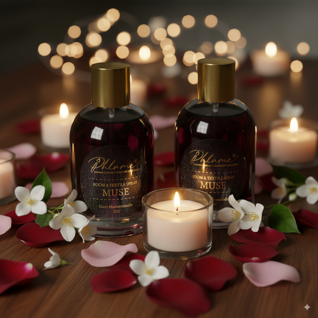 Phlame Muse spray with citrus-floral-woody notes, artisan home scent.