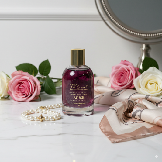 Muse Coco Mademoiselle type room and textile spray in elegant black and gold bottle.