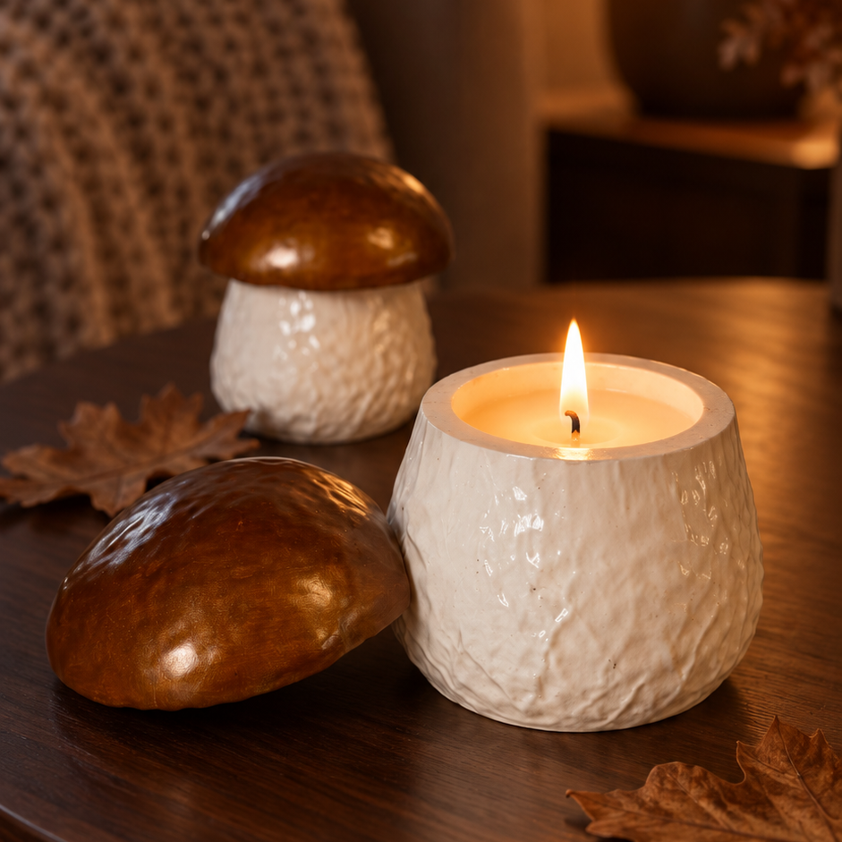 A lit white textured candle in a ceramic holder sits on a dark wooden table next to two decorative mushroom-shaped objects, with a softly blurred living room background and a lamp.
