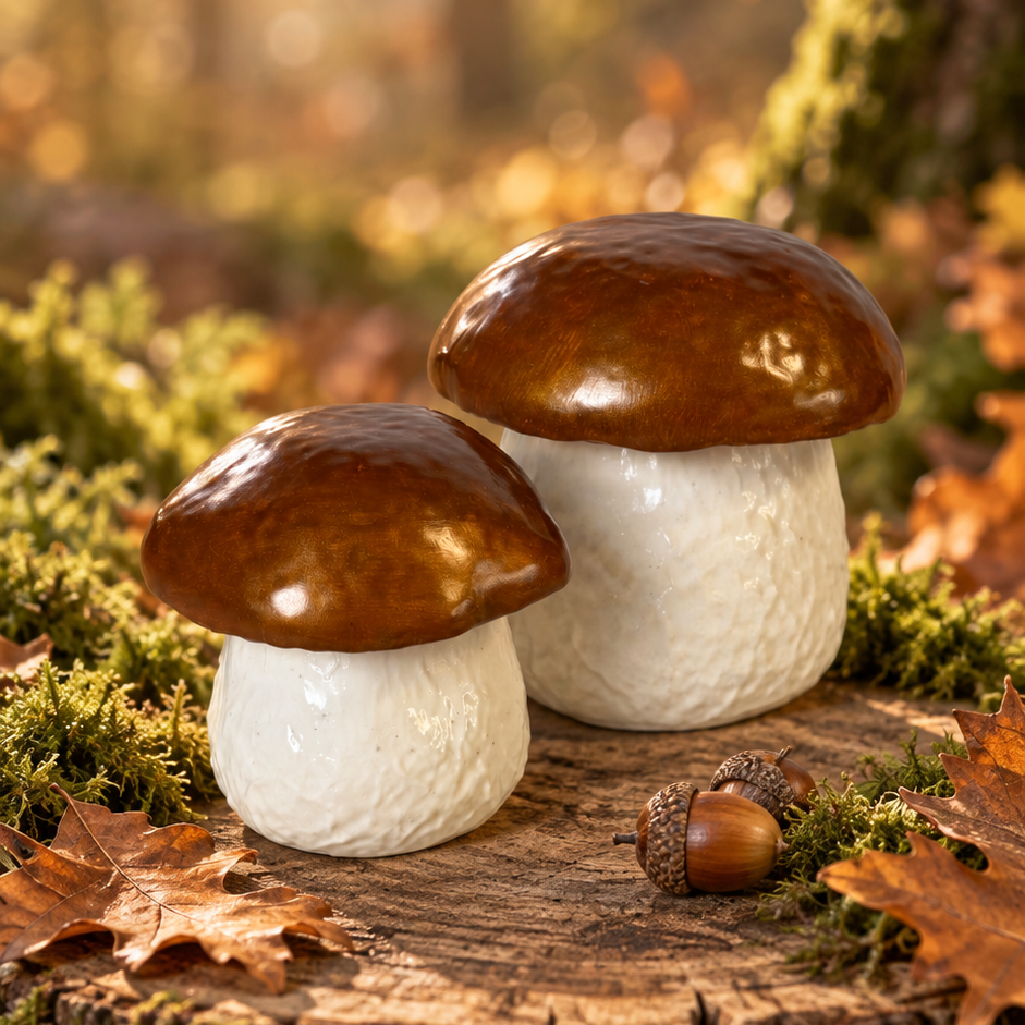 Two decorative mushroom garden statues with glossy brown caps and textured off-white stems, displayed on a tree stump surrounded by autumn leaves and moss in an outdoor forest setting.
