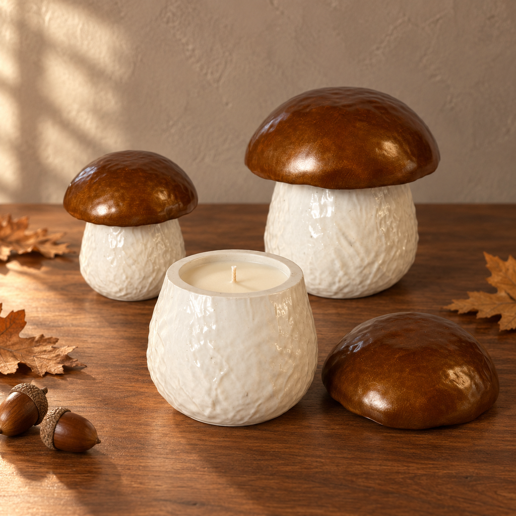 Three ceramic mushroom-shaped candle holders on a wooden table, with two larger holders and one smaller holder, including one open white candle in the front. Decorative acorns and autumn leaves are scattered around on a textured beige wall with soft shadows.