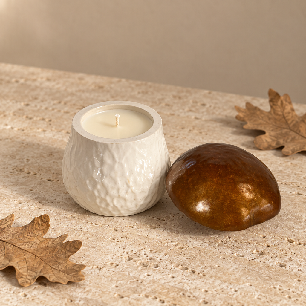 A textured white ceramic candle holder with a white wax candle sits next to a glossy brown acorn-shaped object on a beige stone surface with dried oak leaves.