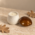 A textured white ceramic candle holder with a white wax candle sits next to a glossy brown acorn-shaped object on a beige stone surface with dried oak leaves.