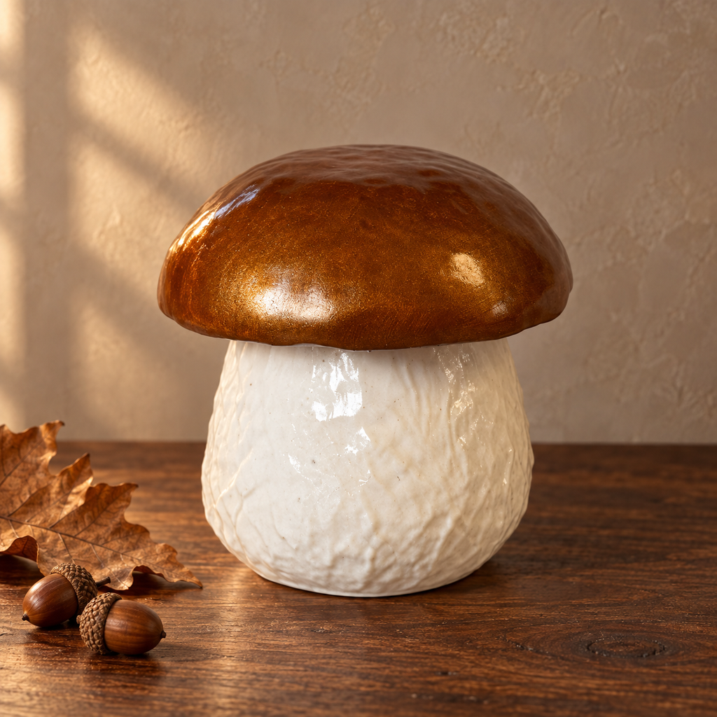 A mushroom-shaped ceramic candle holder with a glossy brown cap and a textured off-white base, placed on a wooden surface with autumn leaves and acorns nearby against a beige wall.