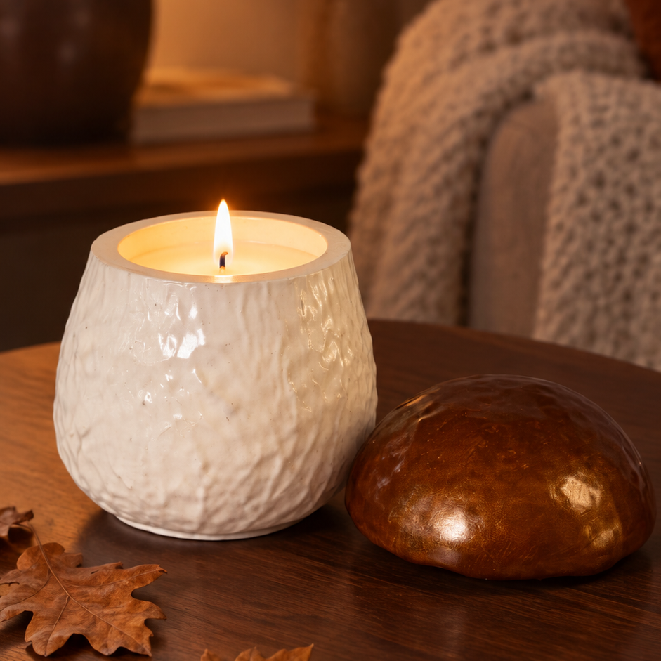 A textured white ceramic candle holder with a lit candle sits on a dark wooden table next to a brown decorative stone, with autumn leaves scattered nearby and a cozy living room background.