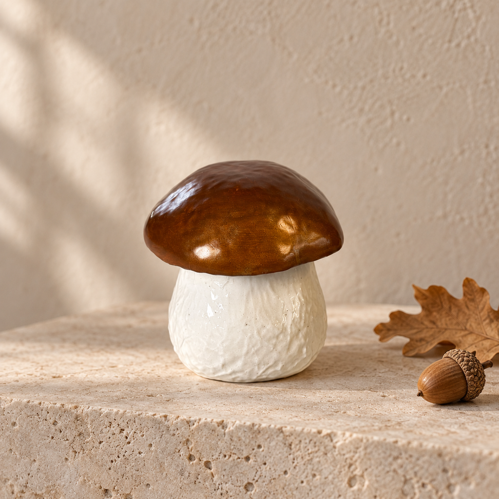A ceramic mushroom-shaped decorative object with a glossy brown cap and a textured off-white base, displayed on a stone surface with a dried leaf and acorn nearby against a warm beige wall.
