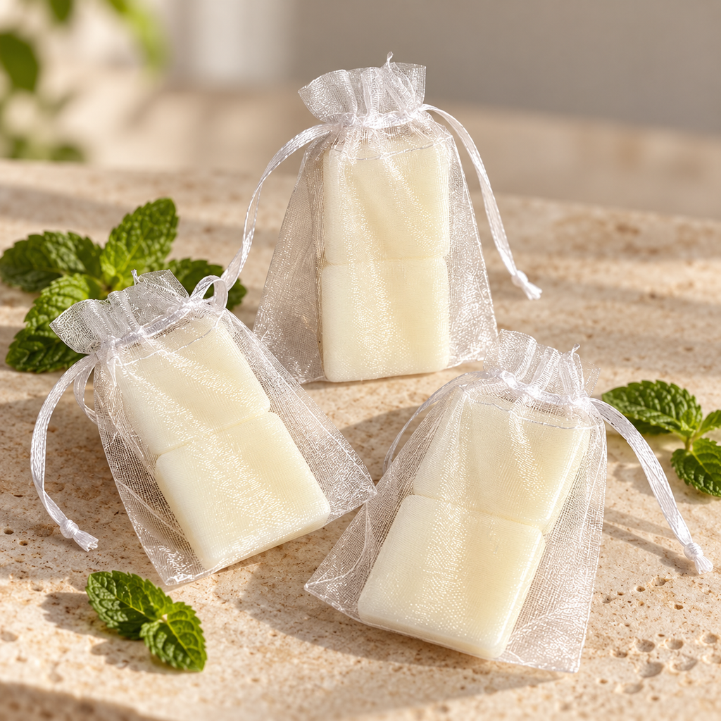 Three small white rectangular olive wax sachets wrapped in sheer white organza drawstring pouches, arranged on a light stone surface with mint leaves around them.