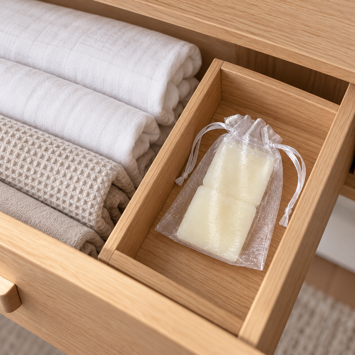 A clear organza drawstring pouch containing olive wax sachets, placed in a wooden drawer next to folded white and beige textiles.