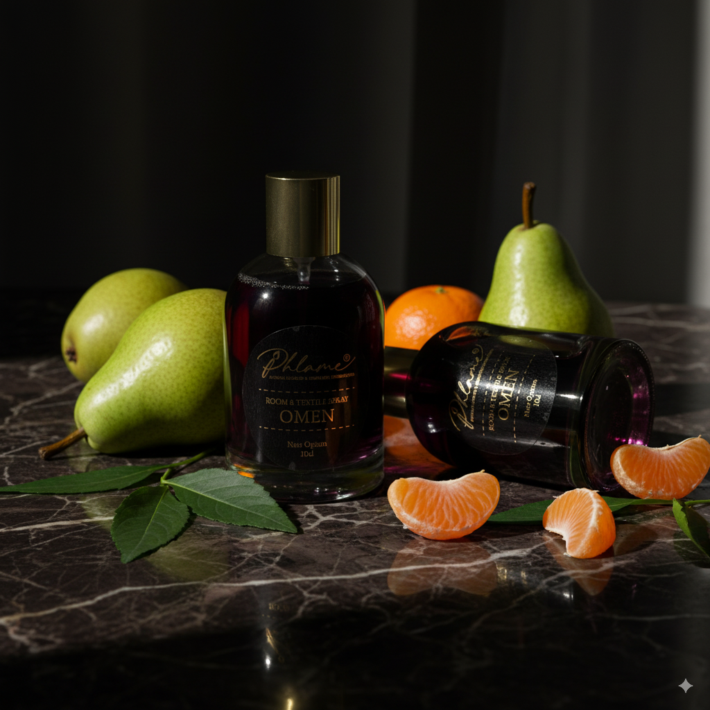 Phlame Omen spray with fruity, floral and musky fragrance blend.