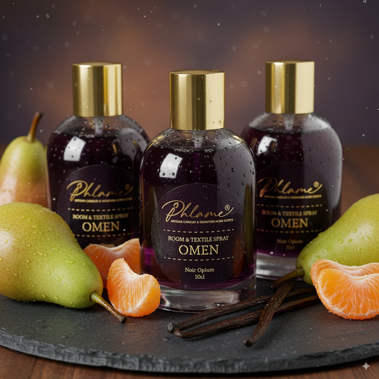 Omen Black Opium type room and textile spray in elegant black and gold bottle.