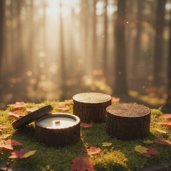 Luxury stump-shaped candle with Autumn Bonfire fragrance, handcrafted eco-friendly soy wax home fragrance gift.