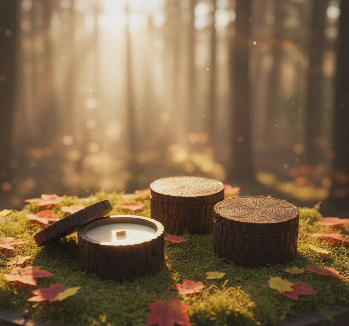 Luxury stump-shaped candle with Autumn Bonfire fragrance, handcrafted eco-friendly soy wax home fragrance gift.