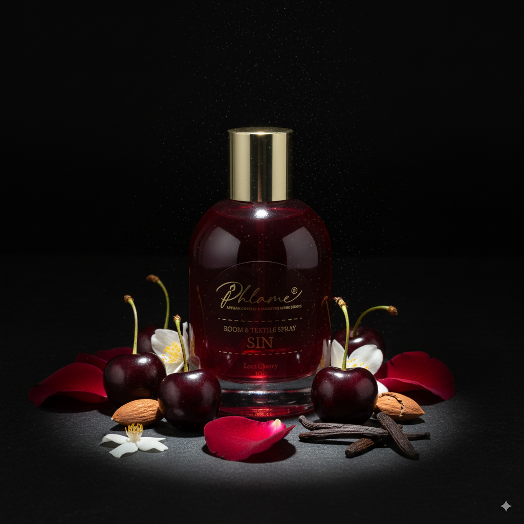Bottle of Phlame room and textile spray with cherries, flowers, and vanilla beans on a dark background
