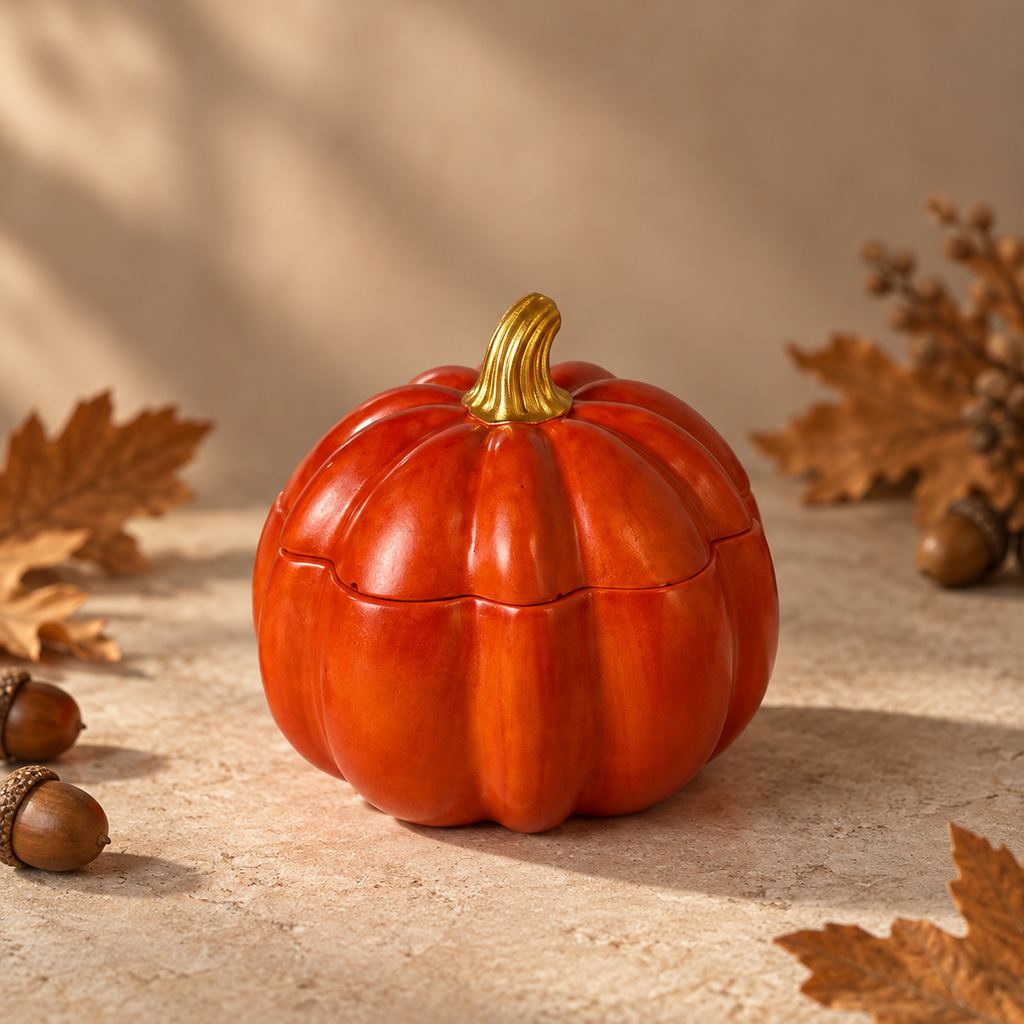 A glossy orange pumpkin-shaped candle container with a ribbed texture and a metallic gold stem, styled on a textured beige stone surface with scattered autumn leaves and acorns.