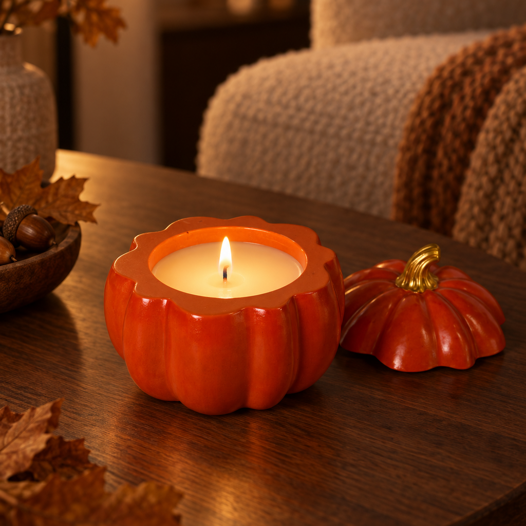 An orange pumpkin-shaped candle holder with a lit candle sits on a wooden table next to its matching lid, styled in a cozy autumn living room setting with fall leaves and a knitted blanket.