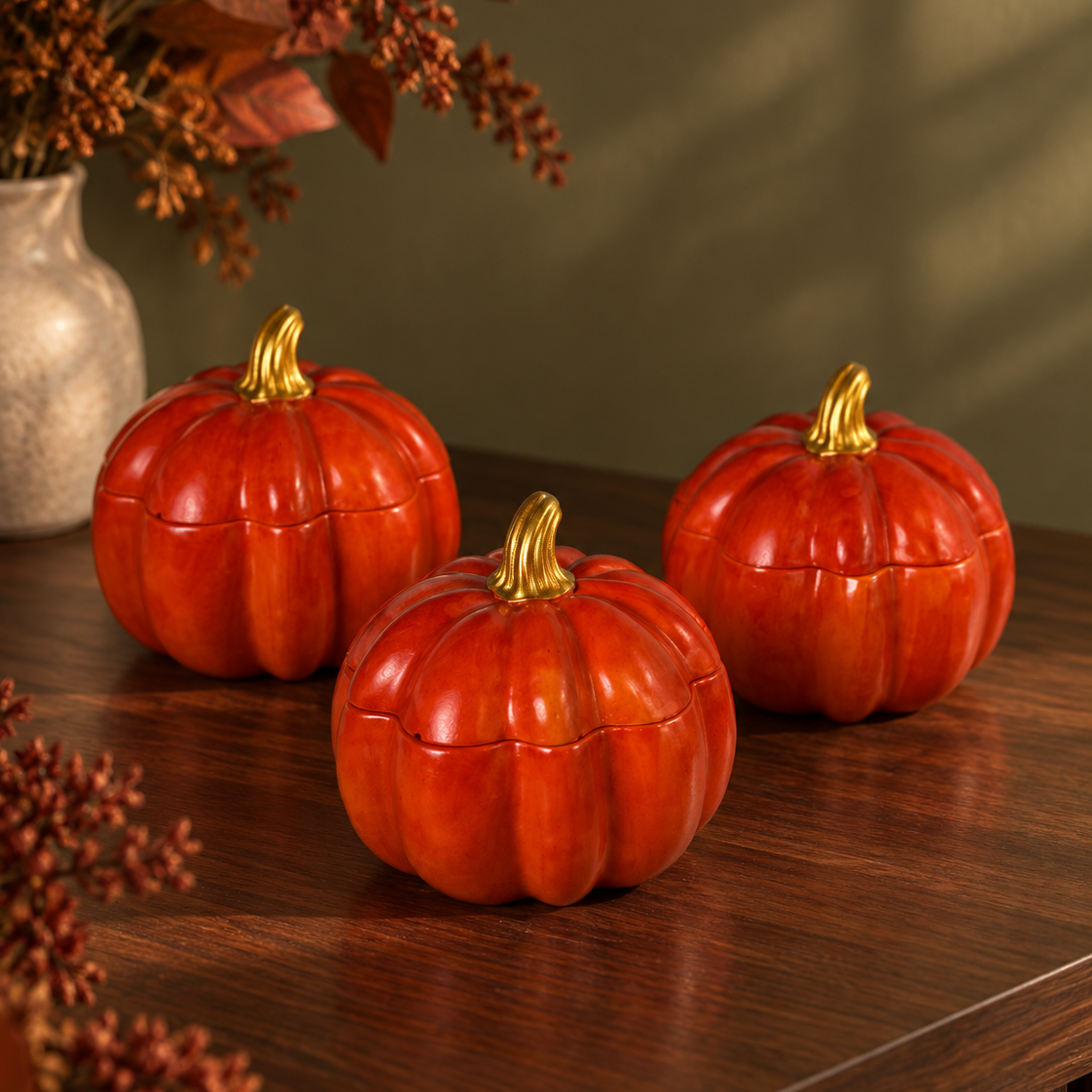 Three pumpkin shaped candle containers with gold-toned stems, arranged on a dark wooden table with autumn foliage and a vase in the background.