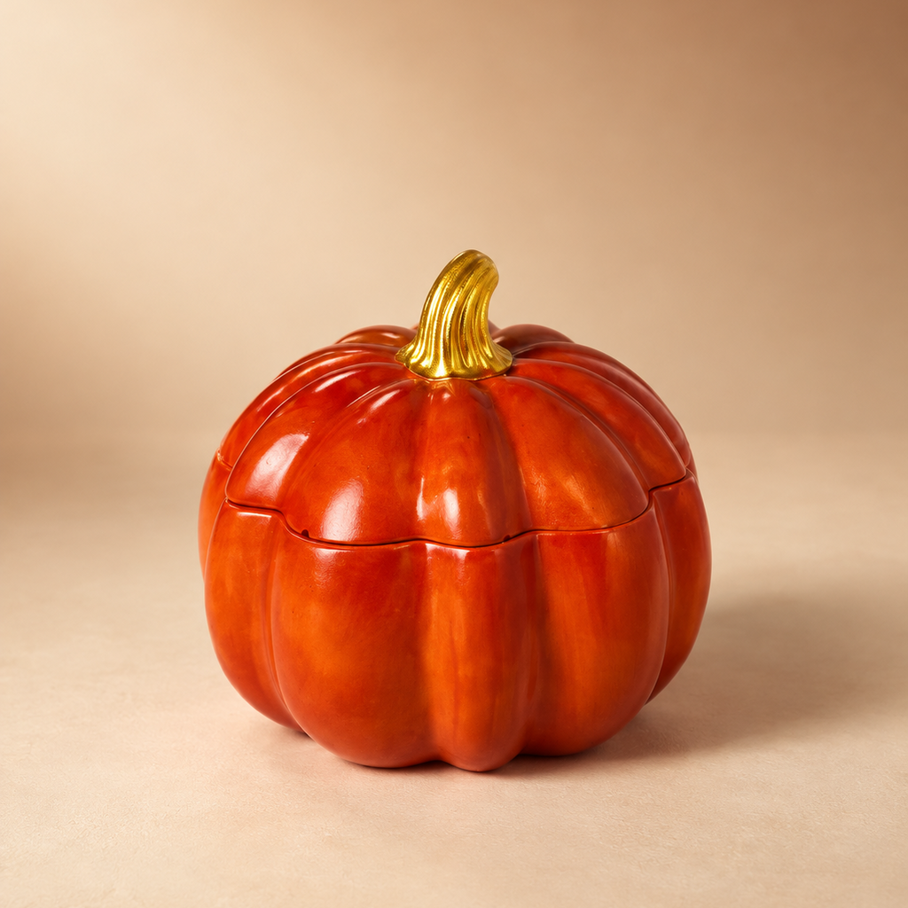 A glossy orange pumpkin-shaped candle container with a lid and a metallic gold stem, set against a warm beige background.