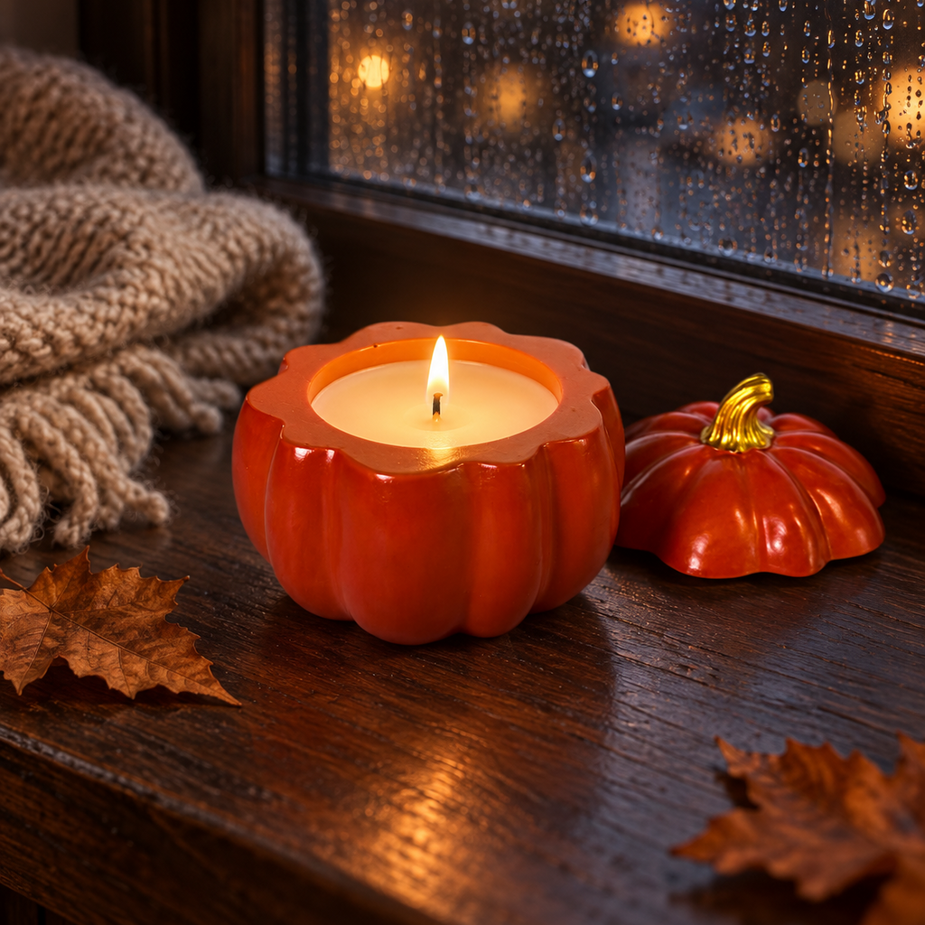 A lit orange pumpkin-shaped candle sits on a dark wooden windowsill next to a matching pumpkin-shaped container lid, with autumn leaves and a knitted blanket in the foreground and a rainy window in the background.