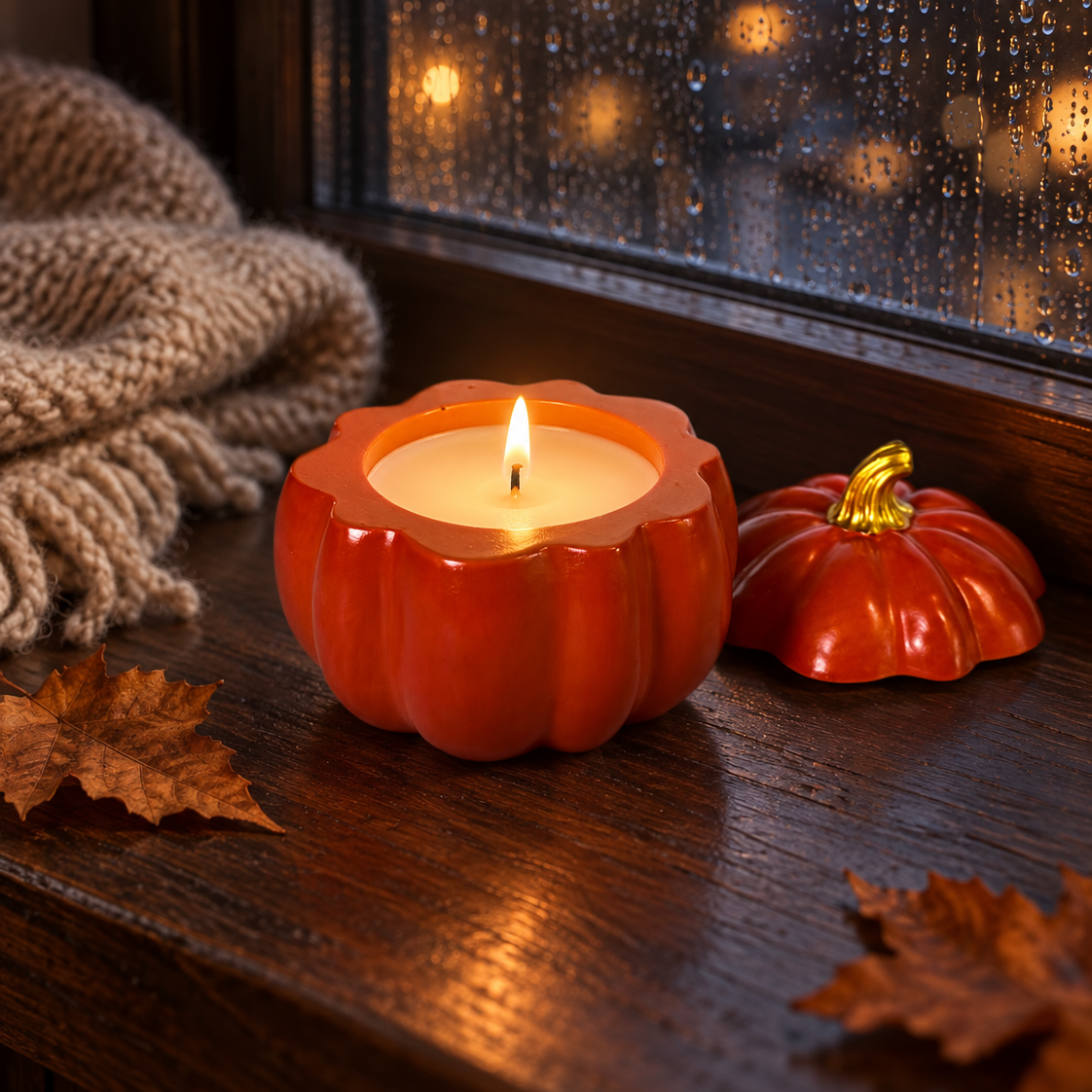 A lit orange pumpkin-shaped candle sits on a dark wooden windowsill next to a matching pumpkin-shaped container lid, with autumn leaves and a knitted blanket in the foreground and a rainy window in the background.