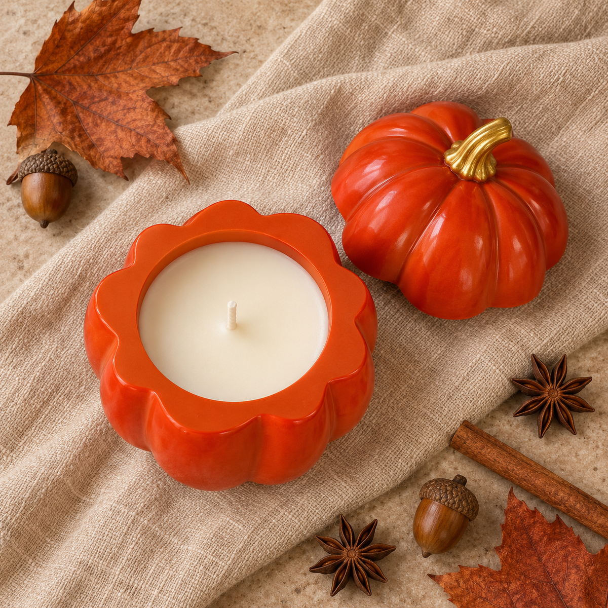 An orange pumpkin-shaped candle holder with a white candle inside, styled on a beige linen cloth with a matching orange pumpkin lid, autumn leaves, acorns, cinnamon sticks, and star anise.