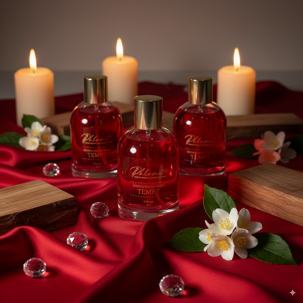 Phlame Rouge spray with jasmine and saffron notes, artisan home scent.