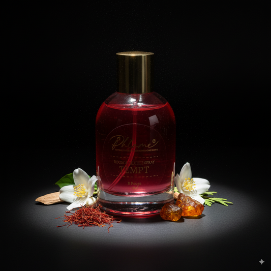 Room spray bottle with flowers and saffron on a dark background