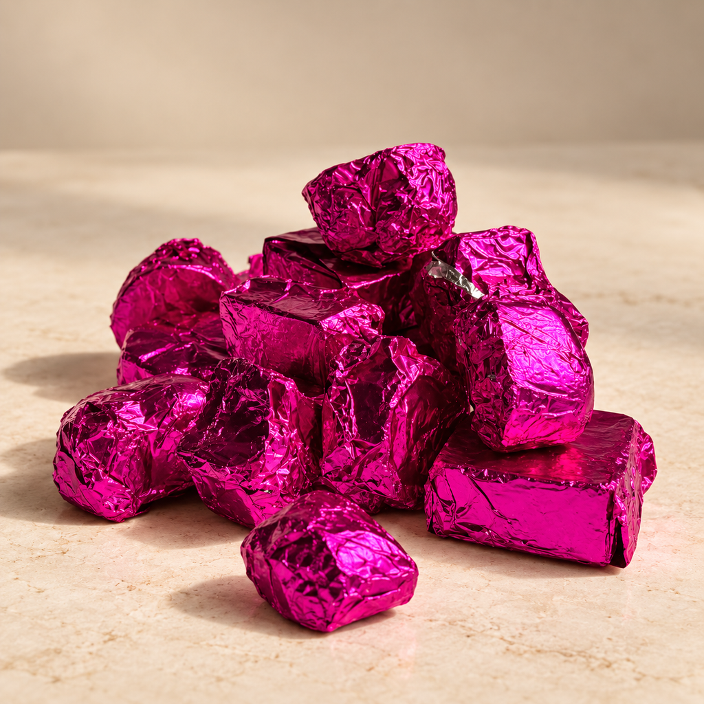 A pile of small, crinkled magenta-pink foil-wrapped wax melts arranged on a light beige stone surface against a matching neutral background.