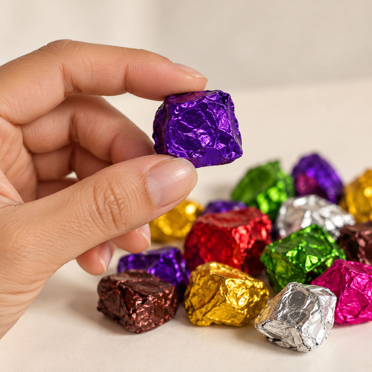 A hand holds a small foil wrapped wax melts, with several other colorful foil-wrapped wax melts scattered on a light surface in the background.