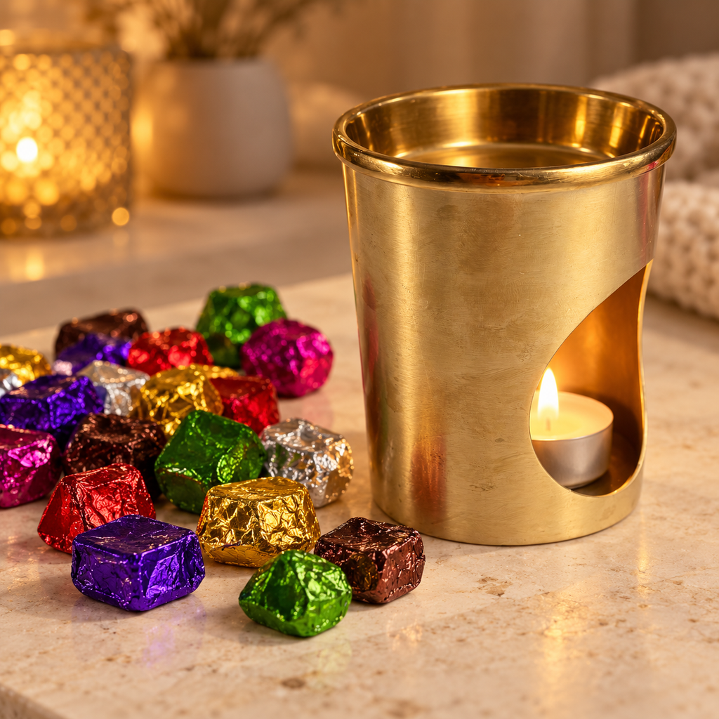 A gold metal wax melter with a lit tealight candle inside, placed on a light stone surface beside scattered colorful foil-wrapped wax melts. The background is softly blurred with warm ambient lighting.